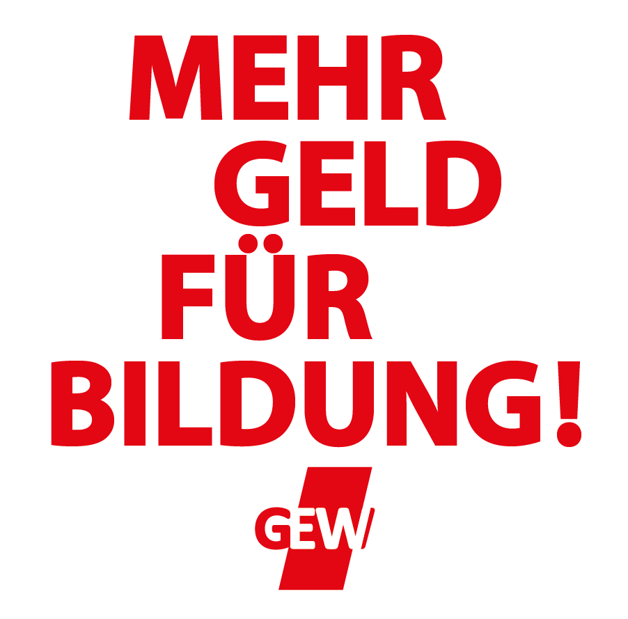 Rotes Logo mit der Forderung "Mehr Geld für die Bildung".